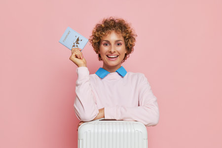 Curly smiling girl with passport in hand posing on pink background with white suitcase, wearing white sweatshot, happy tourist concept, copy spaceの写真素材