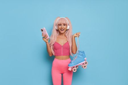 woman in pink top and leggins with blue roller-skates, phone and white headphones posing on blue background, vintage fashion concept, copy spaceの写真素材