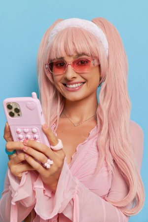 Close up shot style girl with pink hair in pink top holding phone in hands, wearing pink glasses, vintage fashion concept, copy spaceの写真素材