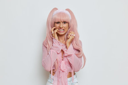 Waist-high shot of girl in pink shirt with long pink ponytails hair posing isolated on white backdrop, vintage fashion concept, copy spaceの写真素材