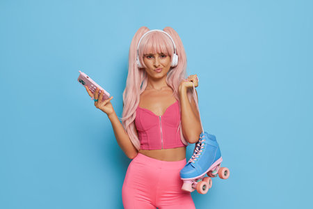 Girl in pink clothes hairstyle with dissatisfied expression stands in studio against blue background with rollers and phone in hands, vintage fashion concept, copy spaceの写真素材