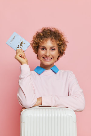 Happy young woman with passport in hand posing on pink background smiling, dressed in sweetshirt, happy tourist concept, copy spaceの写真素材