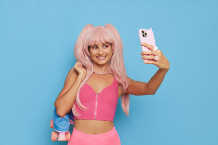 Smiling young female dressed in pink style posing on blue background with roller-skates and phone, taking selfie with smile, doll fashion concept, copy spaceの写真素材