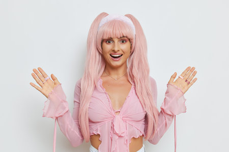 Sunny girl with long pink barby hairstyle dressed in pink longsleeve shirt stands on white background with hands up, doll fashion concept, copy spaceの写真素材