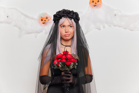 Halloween concept. Portrait of a woman in a black dress with a veil holding a bouquet of red roses on a white backgroundの写真素材