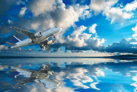 Illustration of a jet over the sea in a tropical countryの写真素材