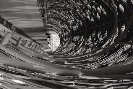 Symmetry tunnel structure in black and white. Attraction and sightseeing in Kuala Lumpur