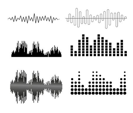 Music audio frequency, voice line waveform, electronic radio signal, volume level symbol. Black sound waves.のイラスト素材