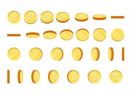 Coins set of  rotation in different projections. Isolated gold coin set. For mobile, desktop and web applications and games. Digital currencyのイラスト素材
