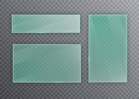Transparent Glass plates set. Square shape, rectangle and round circle. See through mock up with mounts. Plastic banners with reflection and shadowのイラスト素材