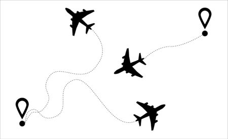 Airplane line vector icon of air plane path flight route with start point and dash line trace. Vector illustration plane in EPS 10.のイラスト素材