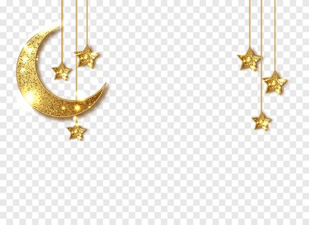 Ramadan Kareem decoration isolated. Gold shiny glitter glowing Crescent Islamic with stars. Eid Mubarak.のイラスト素材