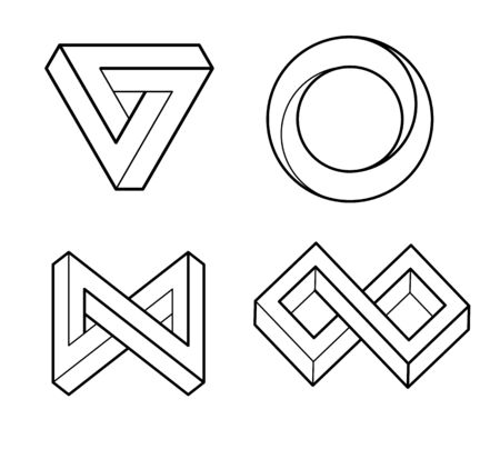 Impossible geometry shape. Optical Illusion. Line design. Unpeal geometry symbols vector set. Escher paradox impossible geometry geometric graphic.のイラスト素材