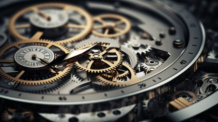 Gears and cogs in a clock mechanism. Craftsmanship and Precision - Elegantly detailed stainless...