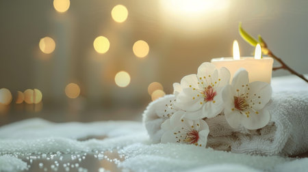 Beautiful spa composition on massage table in wellness centerの写真素材