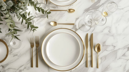 Empty plates and gold cutlery on dark green background. Festive place setting with beige napkin. Top...