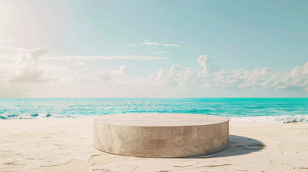 Summer product display on rock podium at sea tropical beachの写真素材