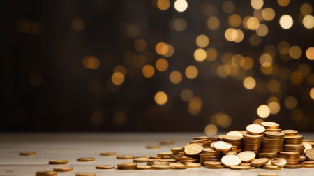 Gold coins. Much money Sparkling new golden coins stacks on bright light glowing bokeh background. Business finance wealth and success conceptの素材