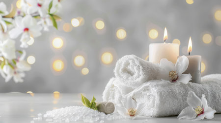 SPA background beauty treatment items for spa procedures on white wooden table. massage stones, essential oils and sea saltの写真素材