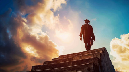 The end of education. postgraduate program abroad aimed at expanding students worldviews. Graduation cap depicting students attempts to study at a distance or study from home.の素材