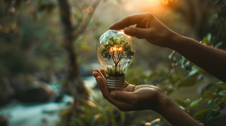 ESG concepts, environment, society and governance The energy of the natural environment. Eco-consciousness eco-friendly practices. Hand hold light bulb with a tree insideの素材