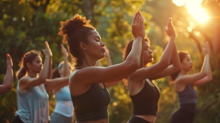Group of people practicing yoga on mats outdoors. Lotus pose. Community support for health goalsの素材