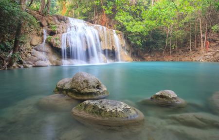 Third-rocks in waterfall at Erawan waterfall National Park Kanchanaburi Thailandの写真素材