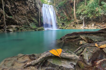 Deep forest waterfall at Erawan waterfall National Park Kanchanaburi Thailand