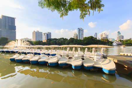 Business district cityscape from a park with blue skyの写真素材