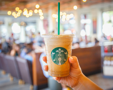 Bangkok ,Thailand- FEB 22 : Espresso Blended Beverages served in the hand inside of starbuck shop at...