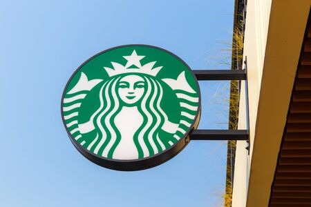 Bangkok ,Thailand- FEB 22, 2016: Starbucks sign in a Starbucks restaurant at Siam Paragon, Bangkok, Thailand.のeditorial素材