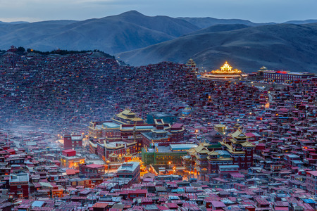 Top view monastery at Larung gar (Buddhist Academy) in twilight time, Sichuan, Chinaのeditorial素材