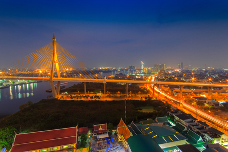 The Bhumibol Bridge also known as the Industrial Ring Road Bridge, at twilight, Bangkok, Thailand.の写真素材