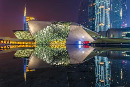 GUANGZHOU, CHINA - DECEMBER 10, 2016 : Guangzhou Opera House and reflection on the water at night landscape on Dec. 10, 2016のeditorial素材