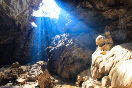 Sunbeam in cave khao luang mountain at Phetchaburi Province, Thailand. public locationの写真素材
