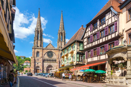 Obernai, France - July 17, 2017: Traditional colorful houses in Obernai city - Alsace Franceのeditorial素材