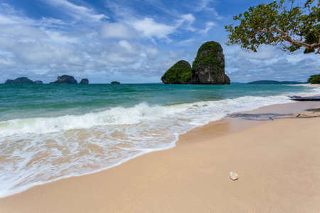 Clear water and blue sky at Railay Beach, Krabi province, Thailandの写真素材