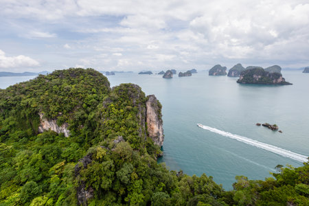 Beautiful nature top views panorama of the islands in the Andaman Sea during the absence of tourists due to the Coronavirus disease (COVID-19) at Ko Hong, Krabi, Thailandの写真素材