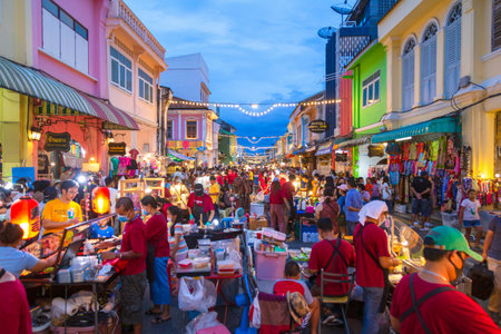 Street food market at Thalang Road in Phuket Town. Each Sunday at the end of the day a huge street food market takes place at Thalang Road till late in the night. November 22, 2020.のeditorial素材