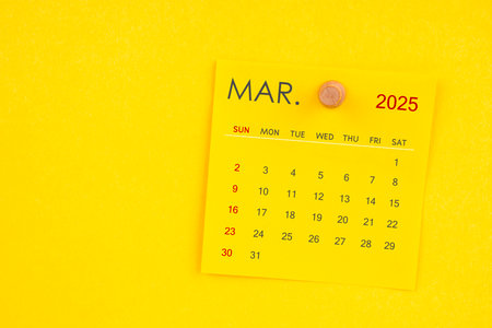 March 2025 calendar sheet with thumbtack on yellow background.の写真素材