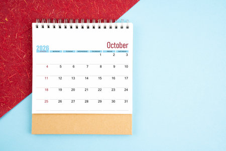 October 2026 month desk calendar on colorful background.の写真素材