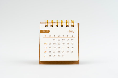 July 2025 Mini desk calendar on white background.の写真素材