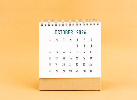 October 2026 desk calendar on yellow color background, Front view.の写真素材