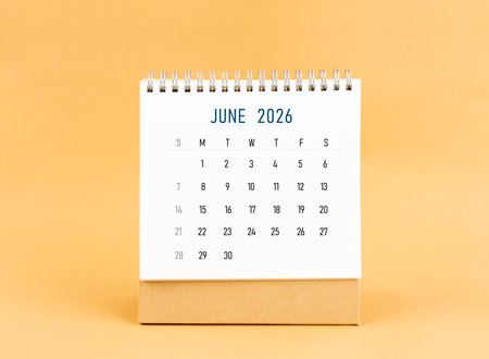 June 2026 desk calendar on yellow color background, Front view.の写真素材
