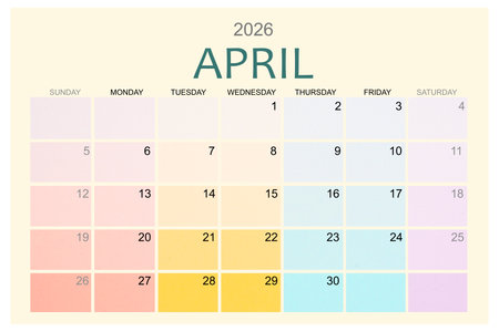 April 2026 Colorful calendar page isolated on white background, Save clipping path.の写真素材