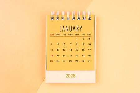 January 2026 desk calendar on the yellow, planning for business meeting concept.の写真素材