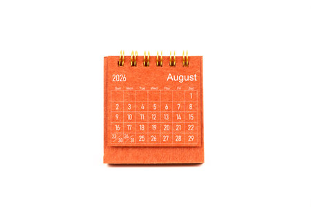 August 2026. Front view of mini desk calendar on white background.の写真素材