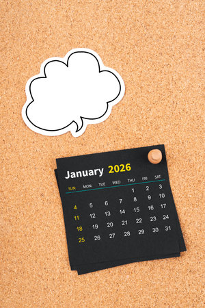 January 2026 Black calendar page and blank speech bubble with thumbtack on board.