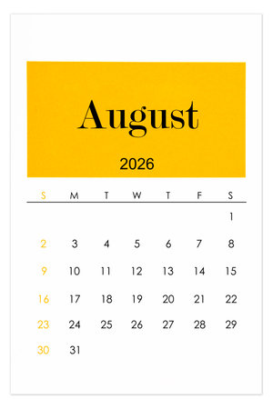 Calendar August 2026 flat style isolated on white background, Save clipping path.の写真素材