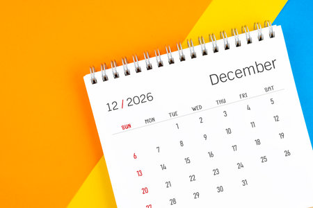 December 2026 month desk calendar on colorful background.の写真素材